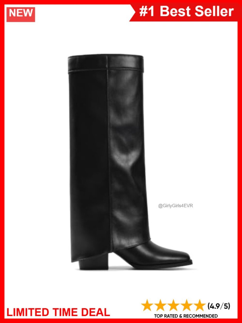 Knee High Fold Over Boots Square Toe Chunky Heel Faux Leather